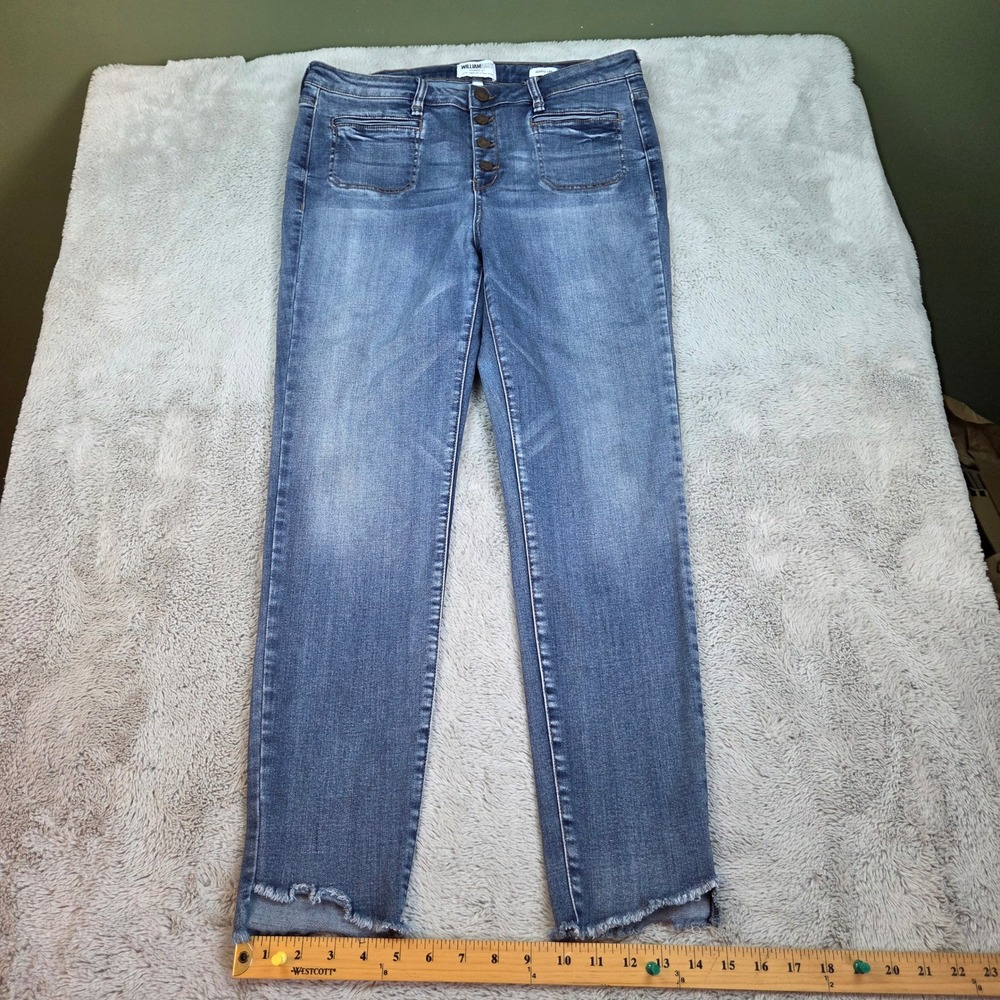 William Rast Highrise Ankle Jeans Womens 31 Button Fly Raw Hem Patch Pocket Blue